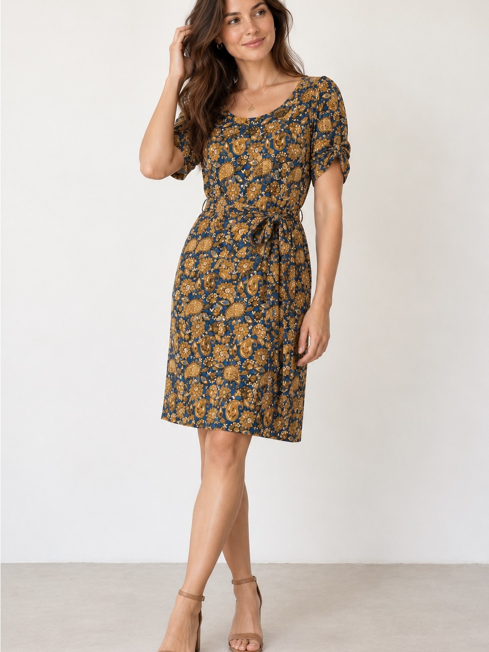 Boden Blue Yellow Paisley Dress 14L Short Sleeve Stretch Viscose Belted Jersey
